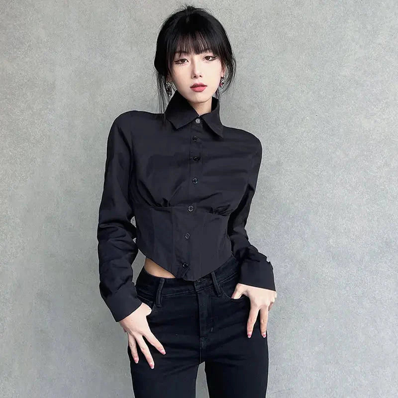 Black Corset Button-Up Blouse accentuating silhouette.