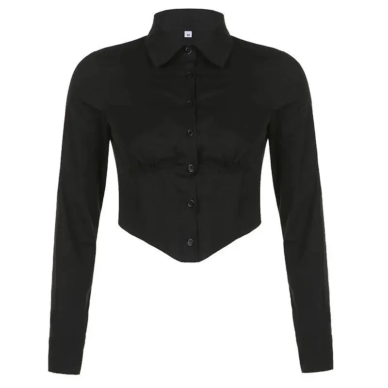 Black Corset Button-Up Blouse accentuating silhouette.