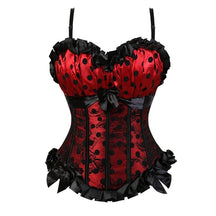 Red dot corset with stylish straps accent.