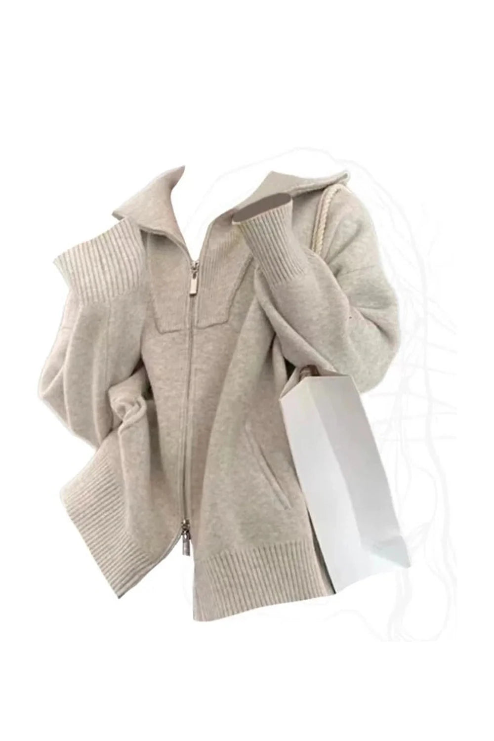 Cozy Neutral Zip-Up Sweater in Picture Color, warm.