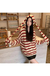 Cozy Striped Hooded Knit Cardigan