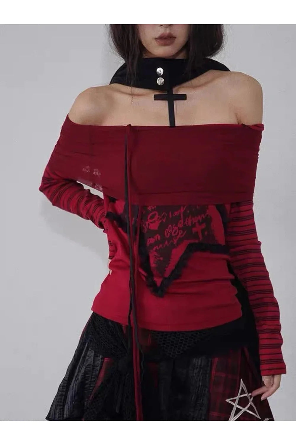 Crimson Chaos Off-Shoulder Top