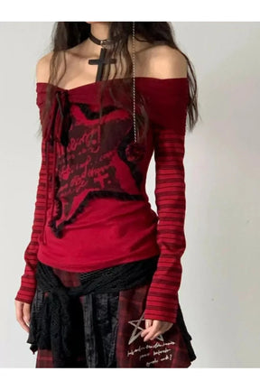 Crimson Chaos Off-Shoulder Top