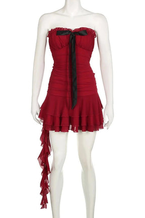 Crimson Ruffle Strapless Dress