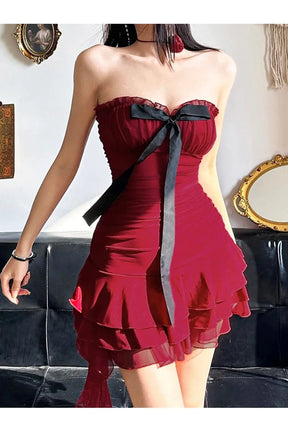 Crimson Ruffle Strapless Dress