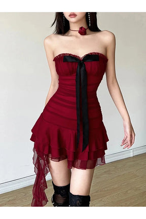 Elegant Red Crimson Ruffle Dress.