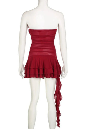 Crimson Ruffle Strapless Dress