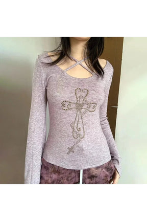 Stylish purple Crisscross Faith Top with unique design.