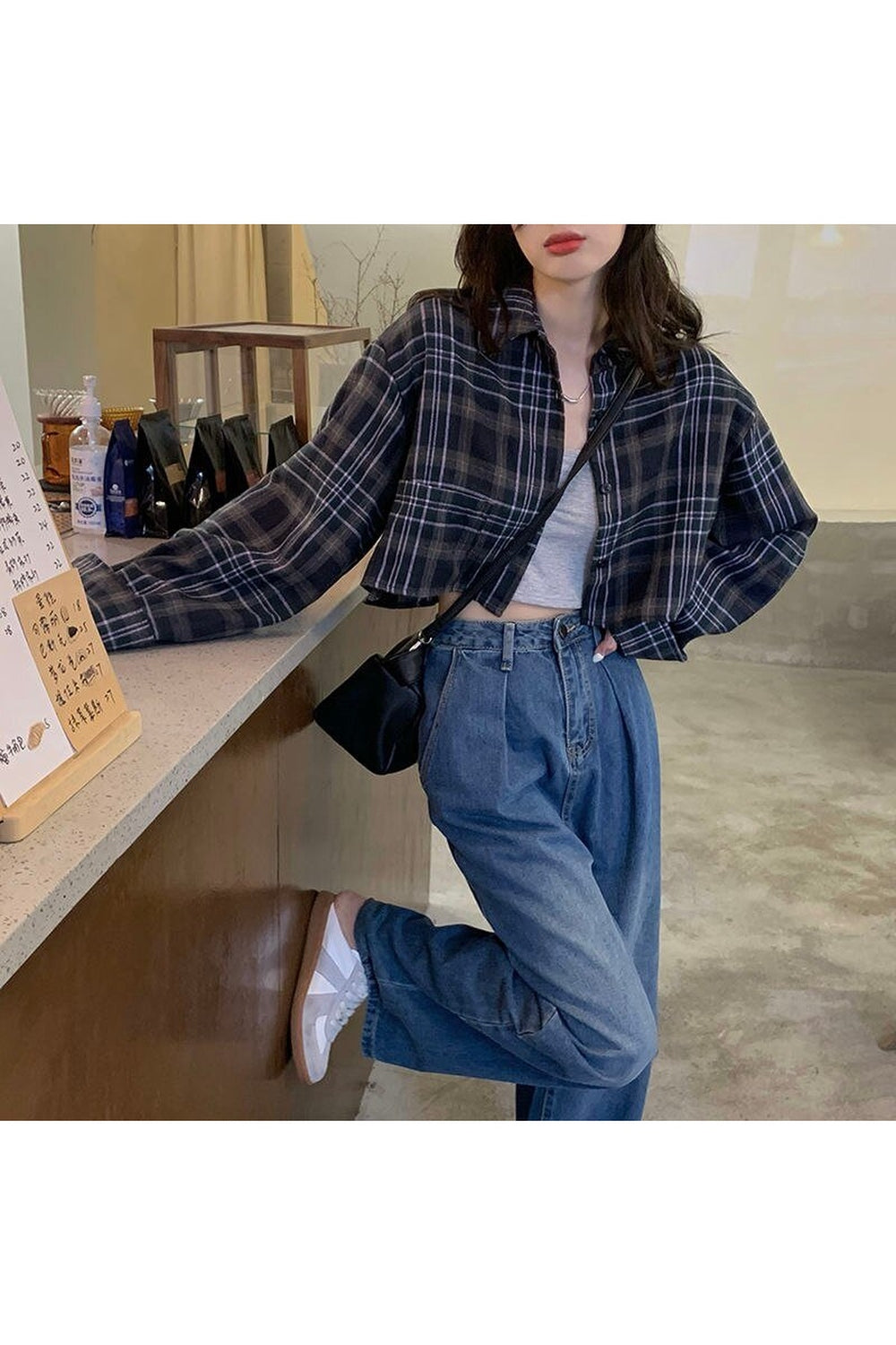 Crop Plaid Sunscreen Blouse