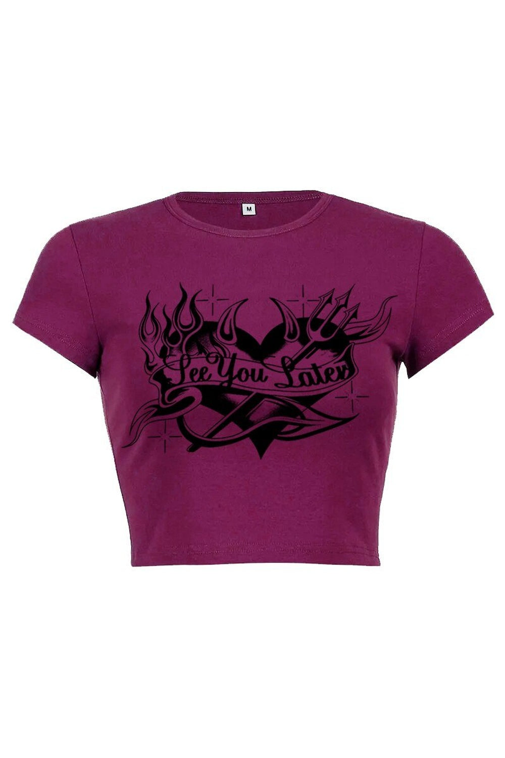 Dark Purple Crop Top "SEE YOU LATER" features.