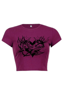 Dark Purple Crop Top "SEE YOU LATER" features.