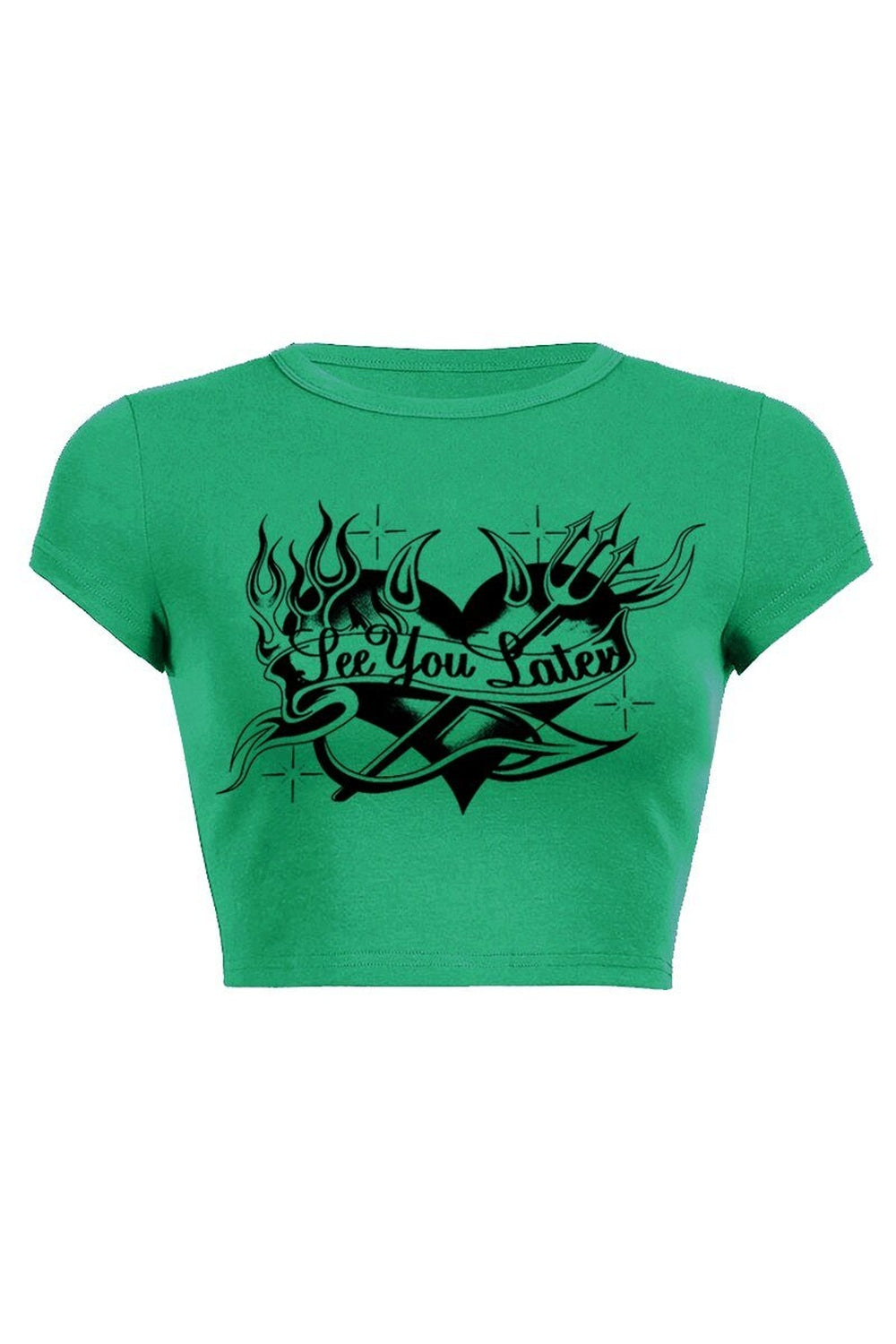 Green "SEE YOU LATER" Crop Top, casual style.