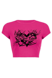 Rose Red "SEE YOU LATER" crop top.