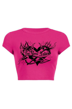 Rose Red "SEE YOU LATER" crop top.