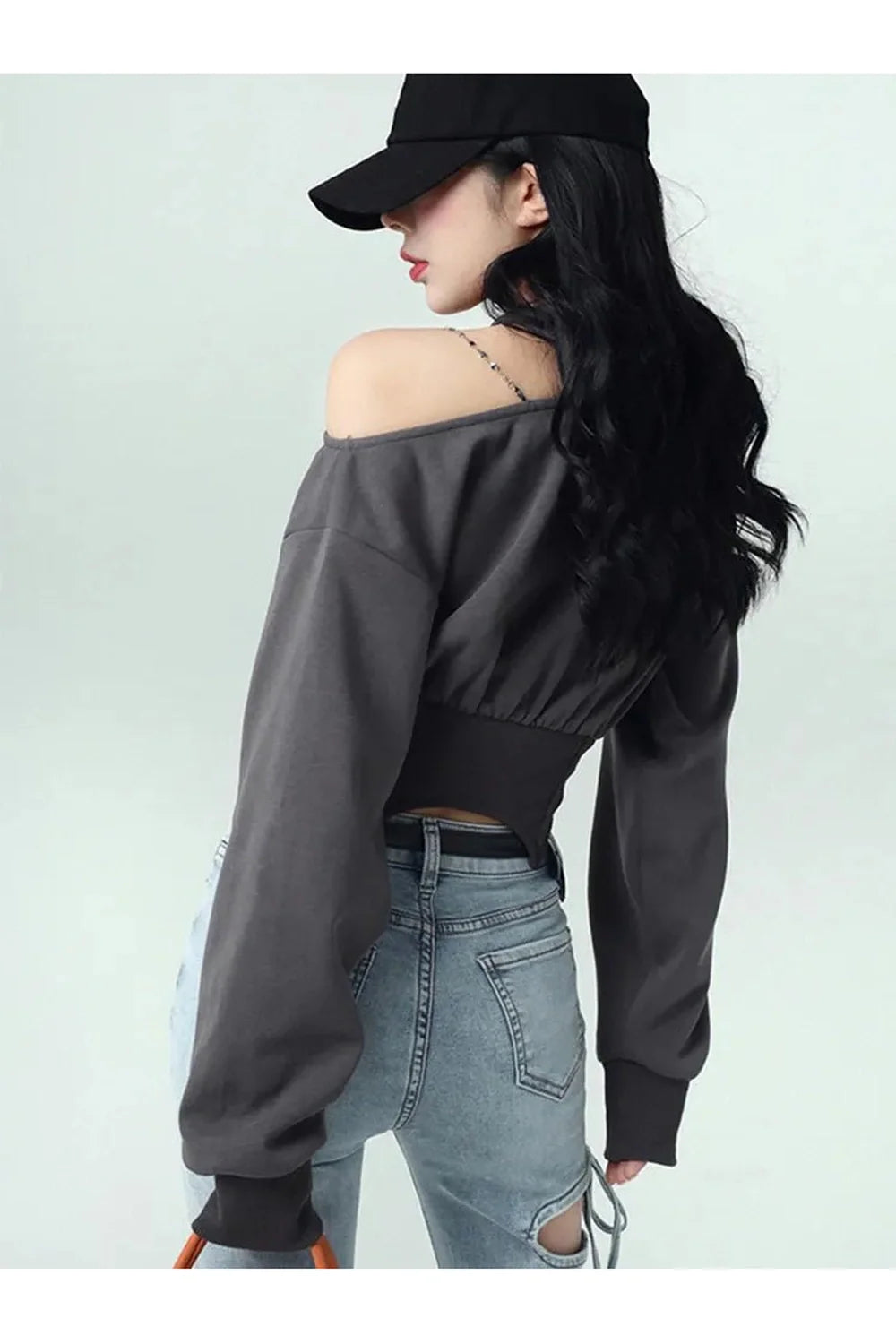 Stylish Grey Acubi Crop Top Pullover Y2K.