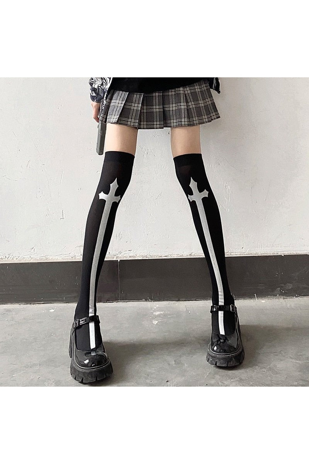 Black cross design on Cross Cosplay Stockings.