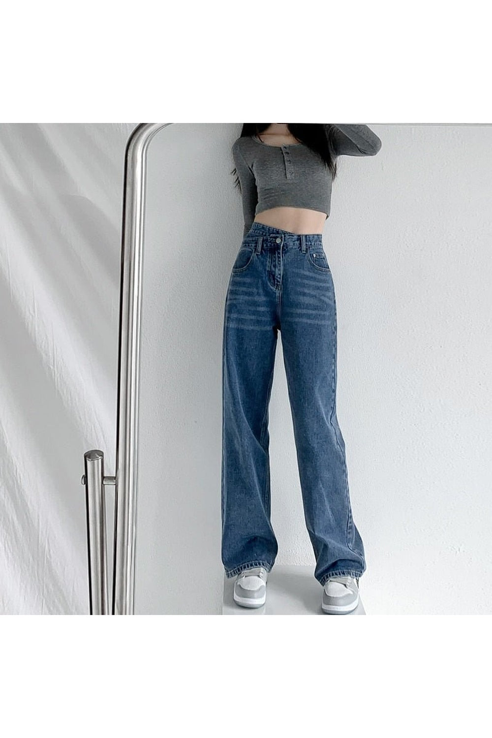 Blue Fall Cross Waist Baggy Jeans, trendy style.