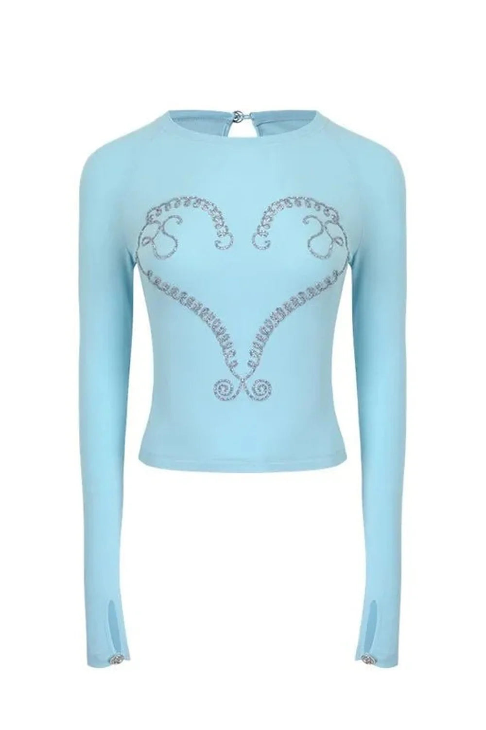 Blue Crystal Heart Crop Top shines elegantly.