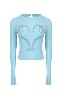 Blue Crystal Heart Crop Top shines elegantly.