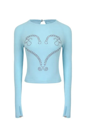 Blue Crystal Heart Crop Top shines elegantly.