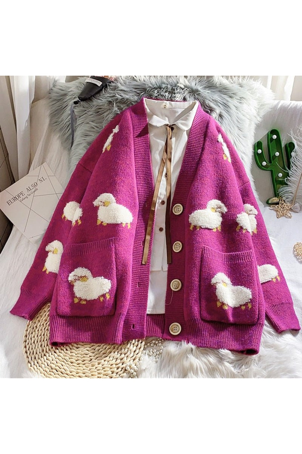 Cozy "Fall Cute Aesthetic Lamb" cardigan, One Size