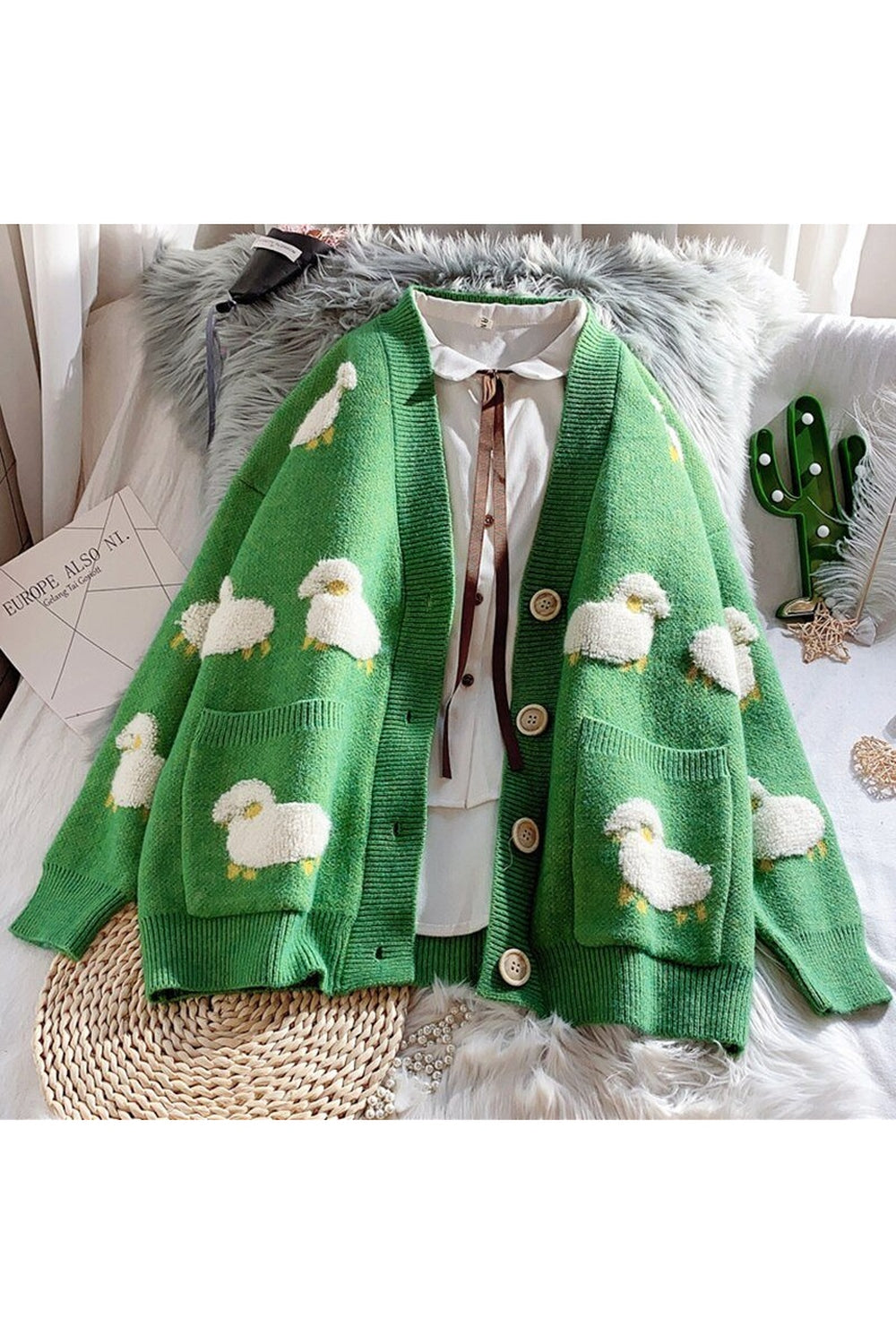 Cozy "Fall Cute Aesthetic Lamb" cardigan, One Size