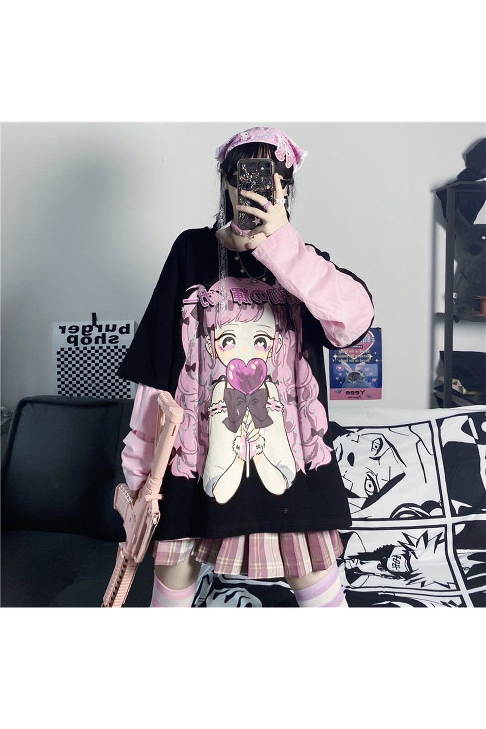 Black Cute Anime Print Long-Sleeved Tee with character.