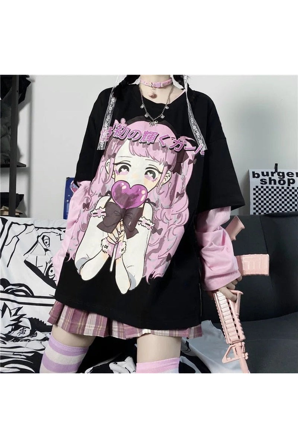 Black Cute Anime Print Long-Sleeved Tee with character.