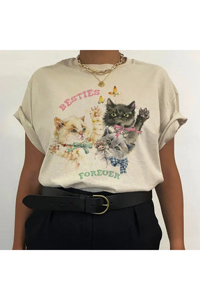 "Khaki Cute Kittens Oversized Graphic Tee, adorable design."