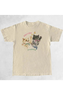 "Khaki Cute Kittens Oversized Graphic Tee, adorable design."