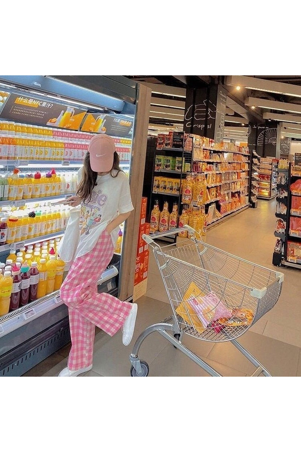 Stylish Cute Skater Girl Pink Plaid Pants.