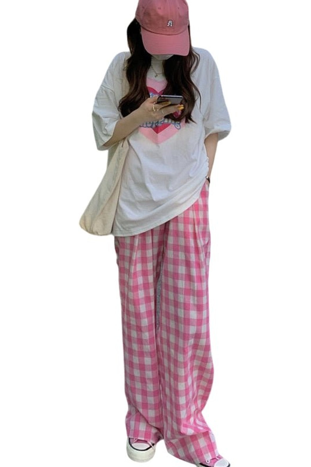 Cute Skater Girl Pink Plaid Pants