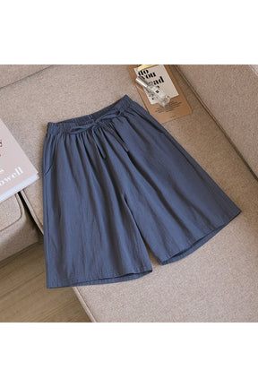 "Grey Blue Cute Solid Cotton Linen Shorts"