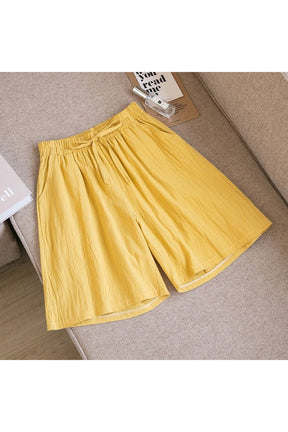 Yellow Cute Solid Cotton Linen Shorts for summer.