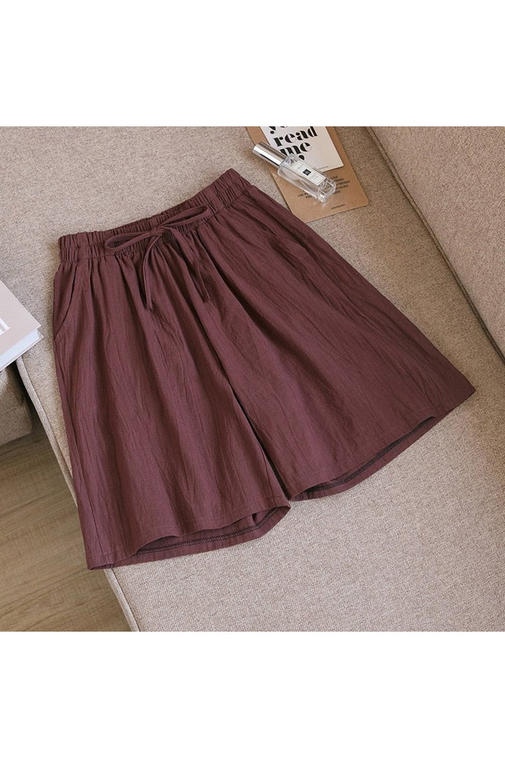 Brown Cute Solid Cotton Linen Shorts with pockets.