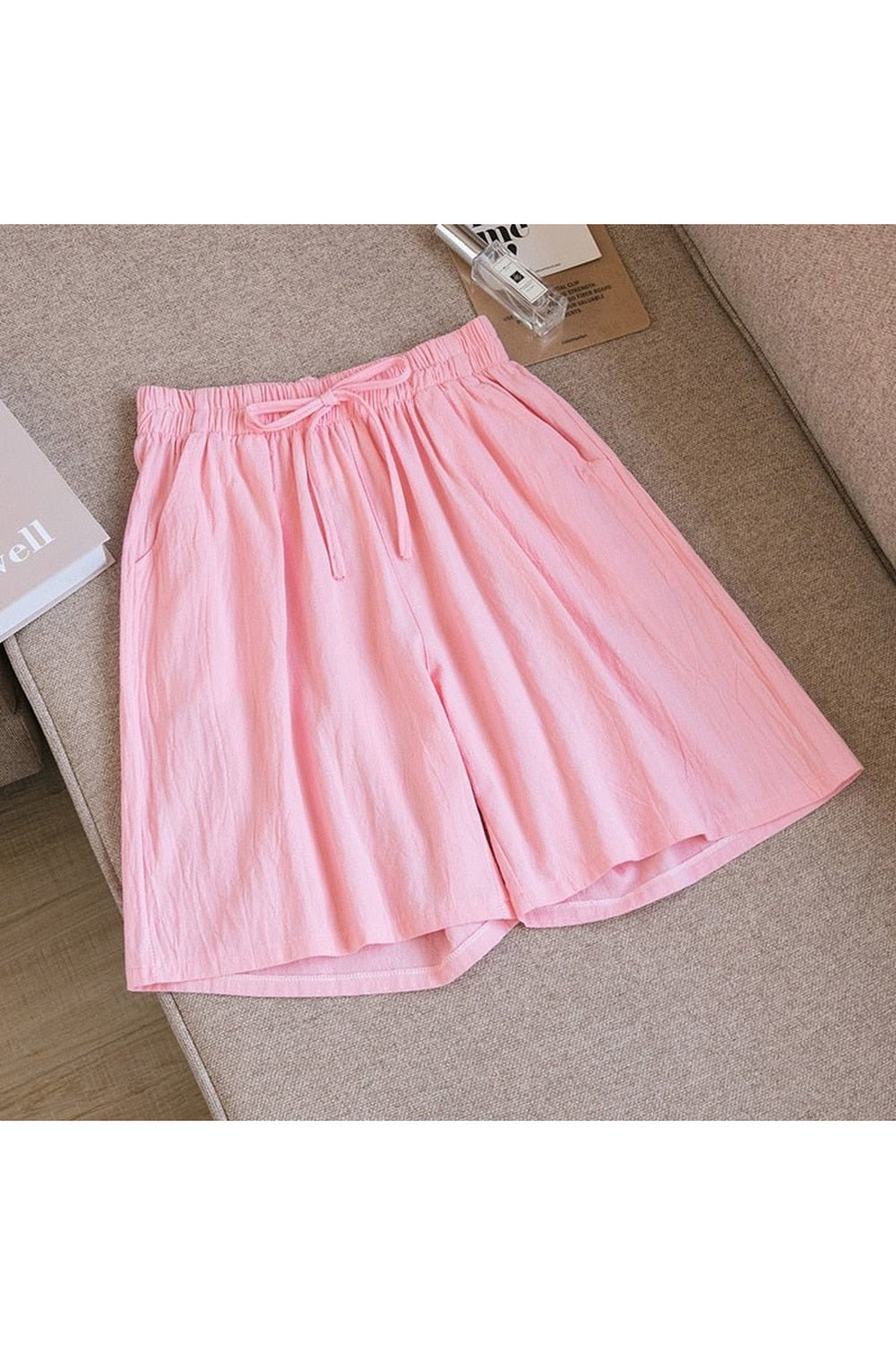 Pink Cute Solid Cotton Linen Shorts, summer-ready style.