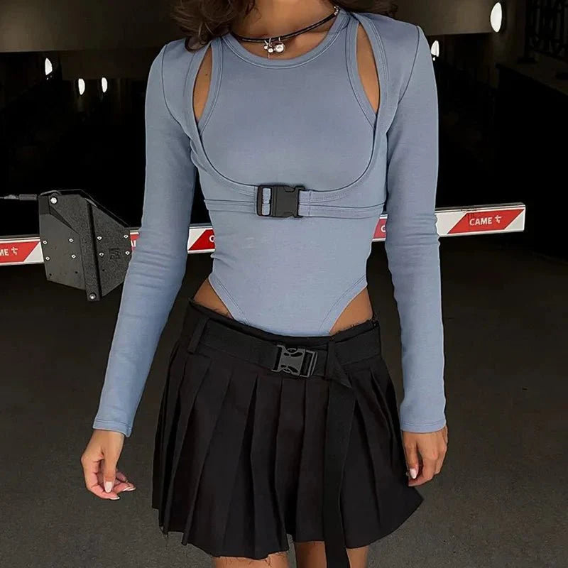 Gray Cyber Buckle Harness Top with futuristic edge.