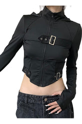 Black Fall Cyber Gothic Crop Hoodie with edgy style.