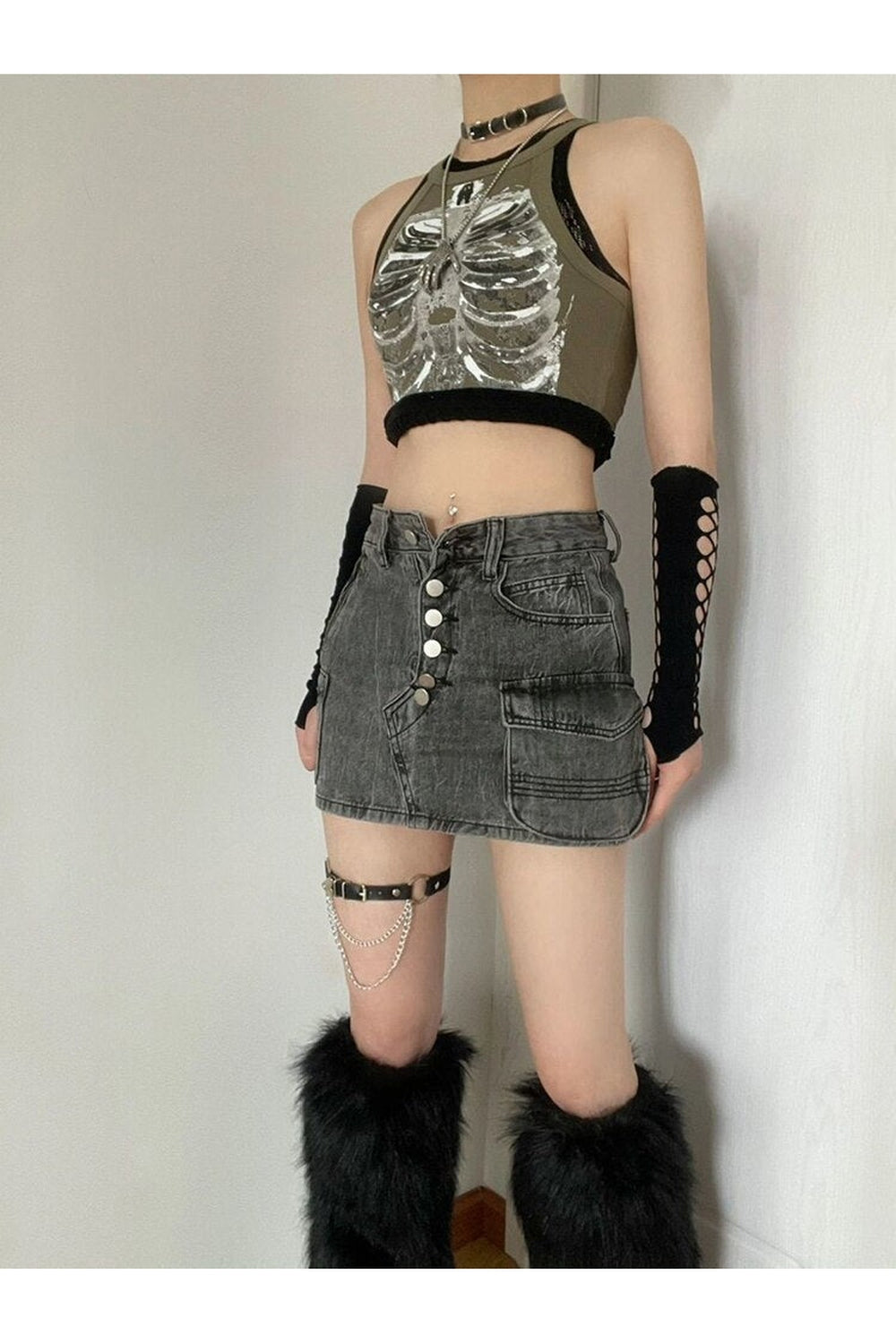 Army Green Cyber Y2k Skeleton Crop Top. Funky.