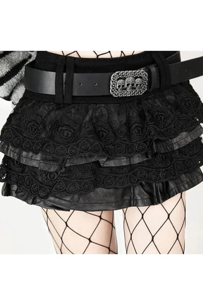 Elegant Dark Academia Lace Mini Skirt with Belt.