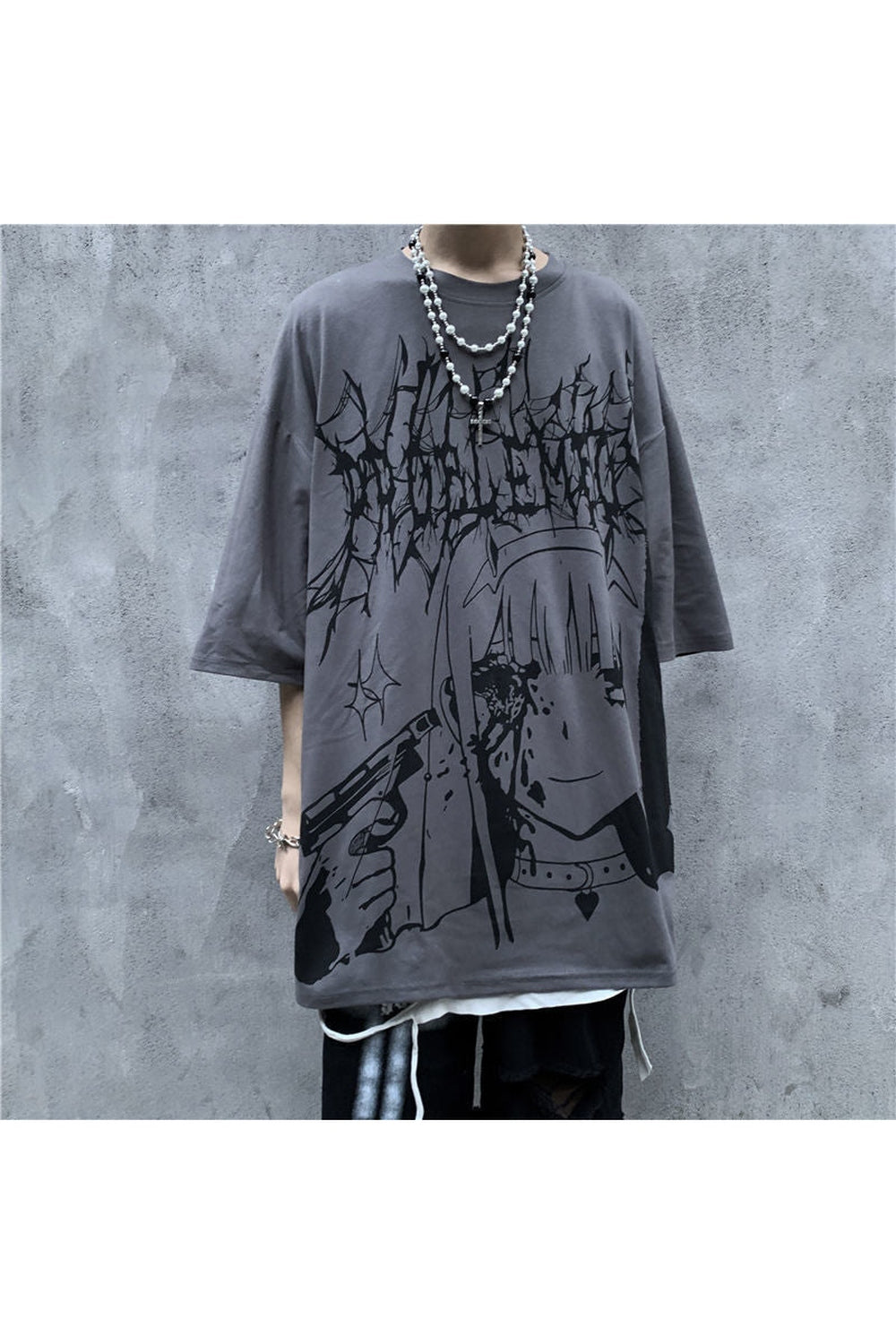 Dark Anime Egirl Black T-shirt in Gray, edgy.