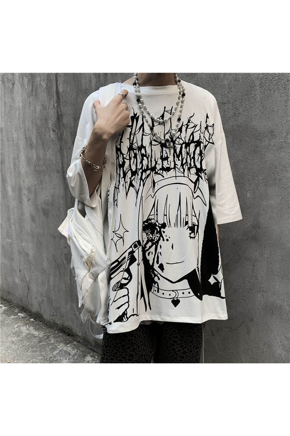 "Dark Anime Egirl T-shirt in White, stylish design."