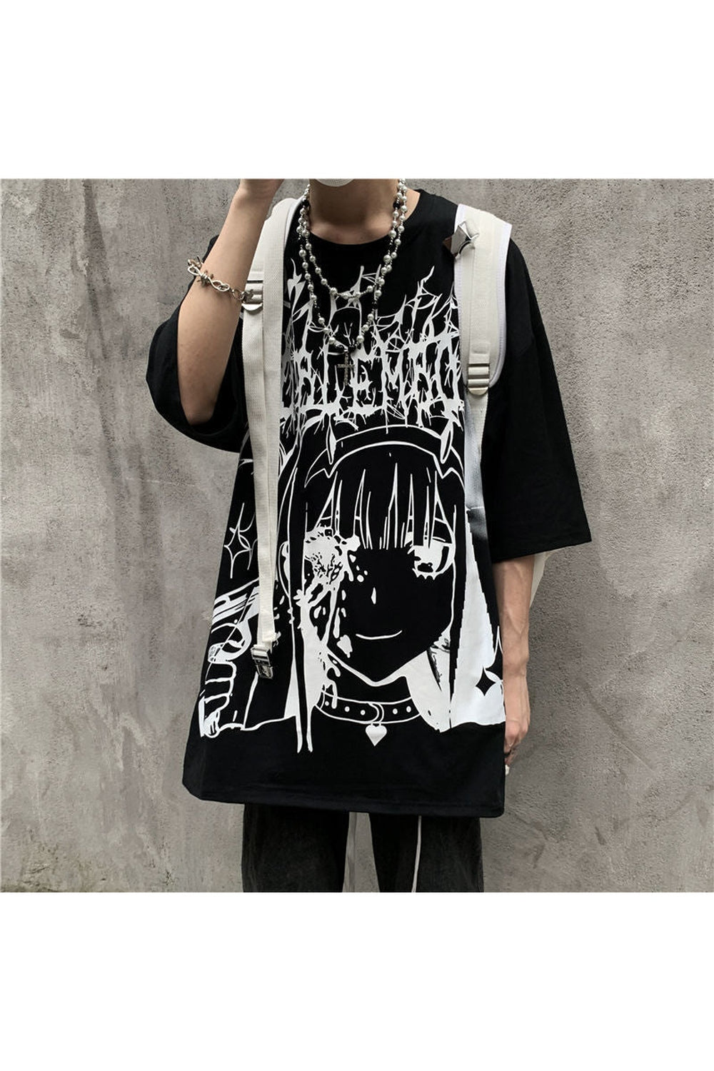 Graphic "Dark Anime Egirl Black T-shirt" in Black.