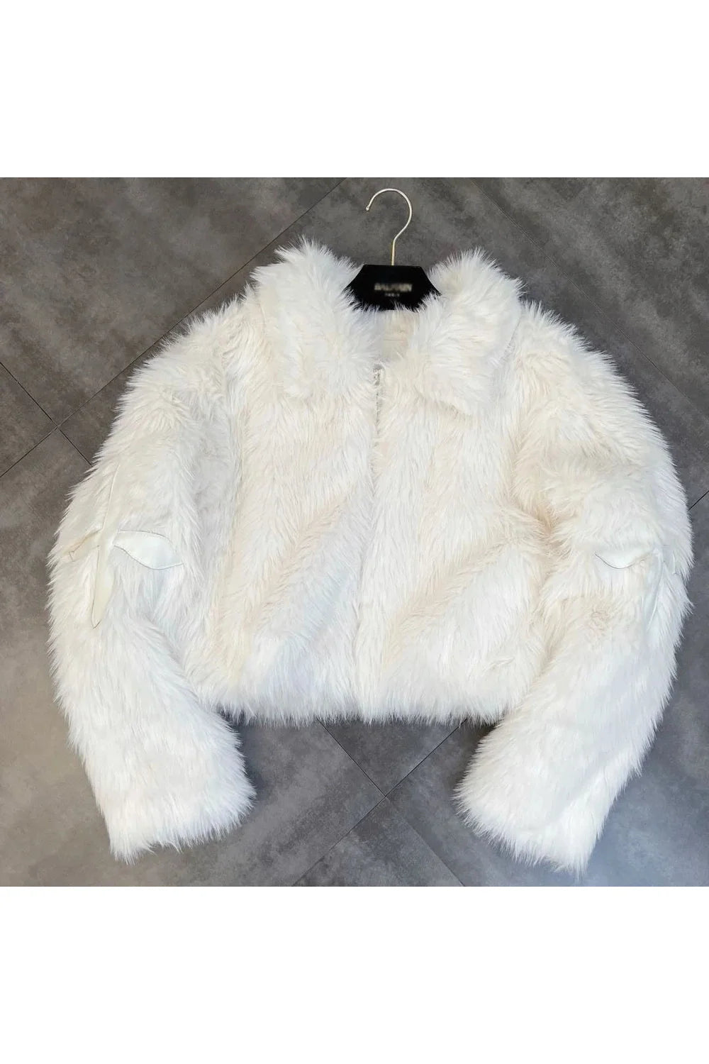 White variant of Dark Cross Faux Fur Jacket with luxurious texture.