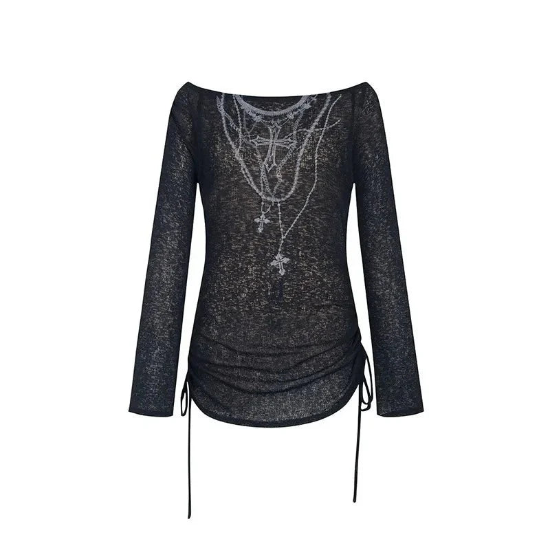 Black Dark Crucifix Long Sleeve Top, gothic style.