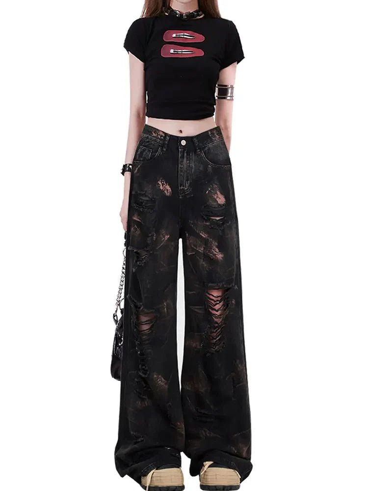 Stylish Black Dark Distortion Ripped Jeans with Edge.