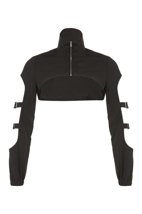 Gothic black zip top with hollow design.