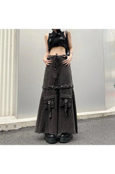 Gray Denim Cargo Midi Skirt, utility-style fashion.