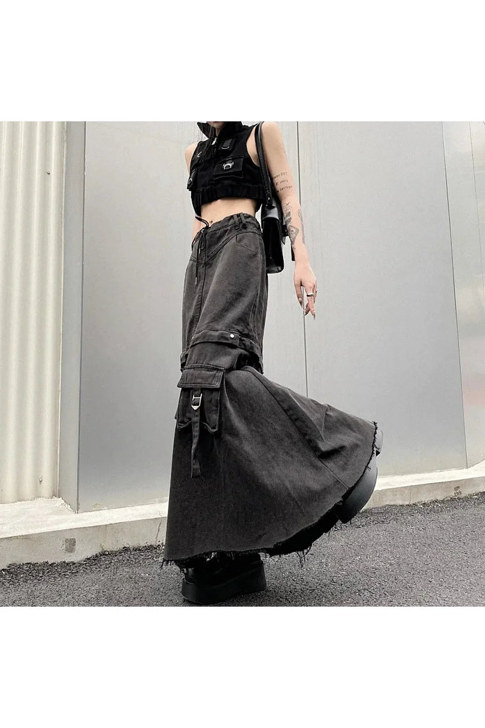 Denim Cargo Midi Skirt