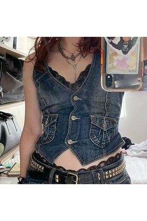 Denim Dream Lace Trimmed Vest